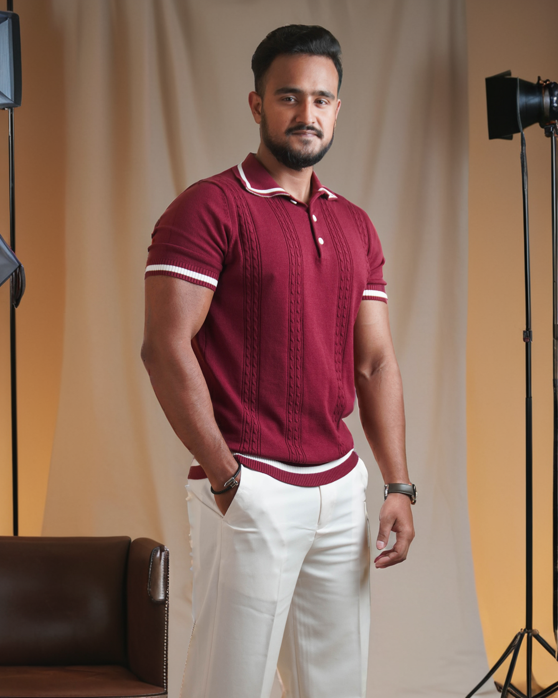 Cable knit polo - Burgundy