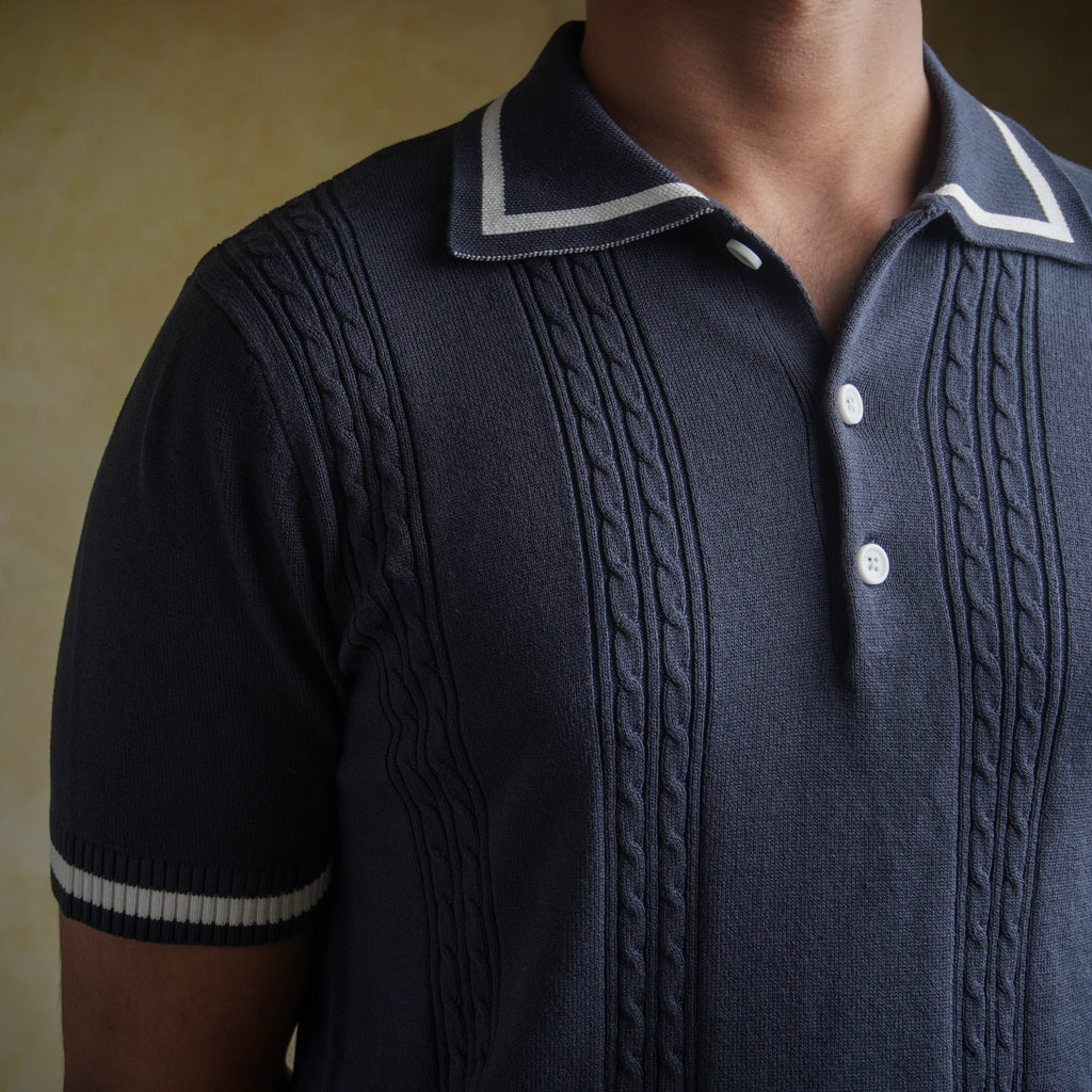 Cable knit polo - Matt Indigo