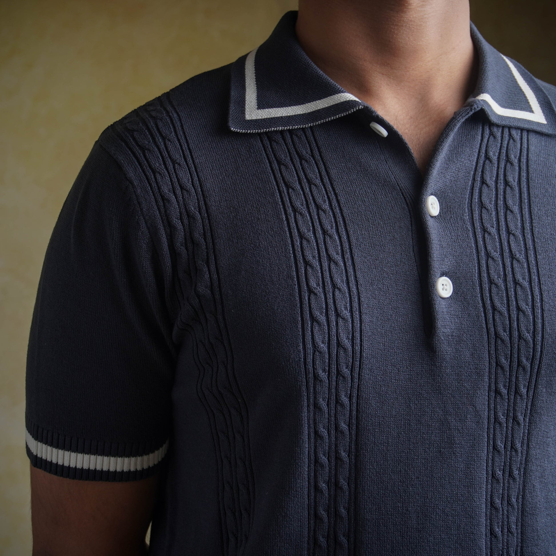 Cable knit polo - Matt Indigo