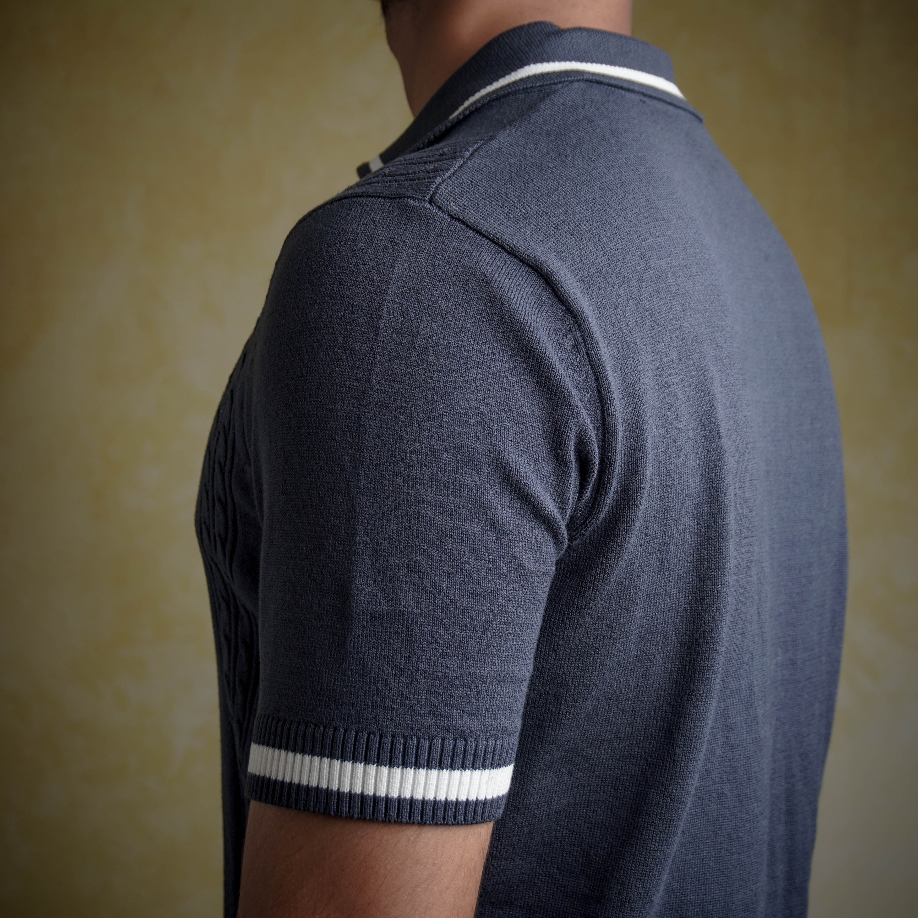 Cable knit polo - Matt Indigo