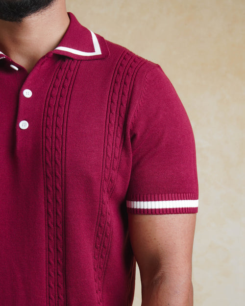Cable knit polo - Burgundy