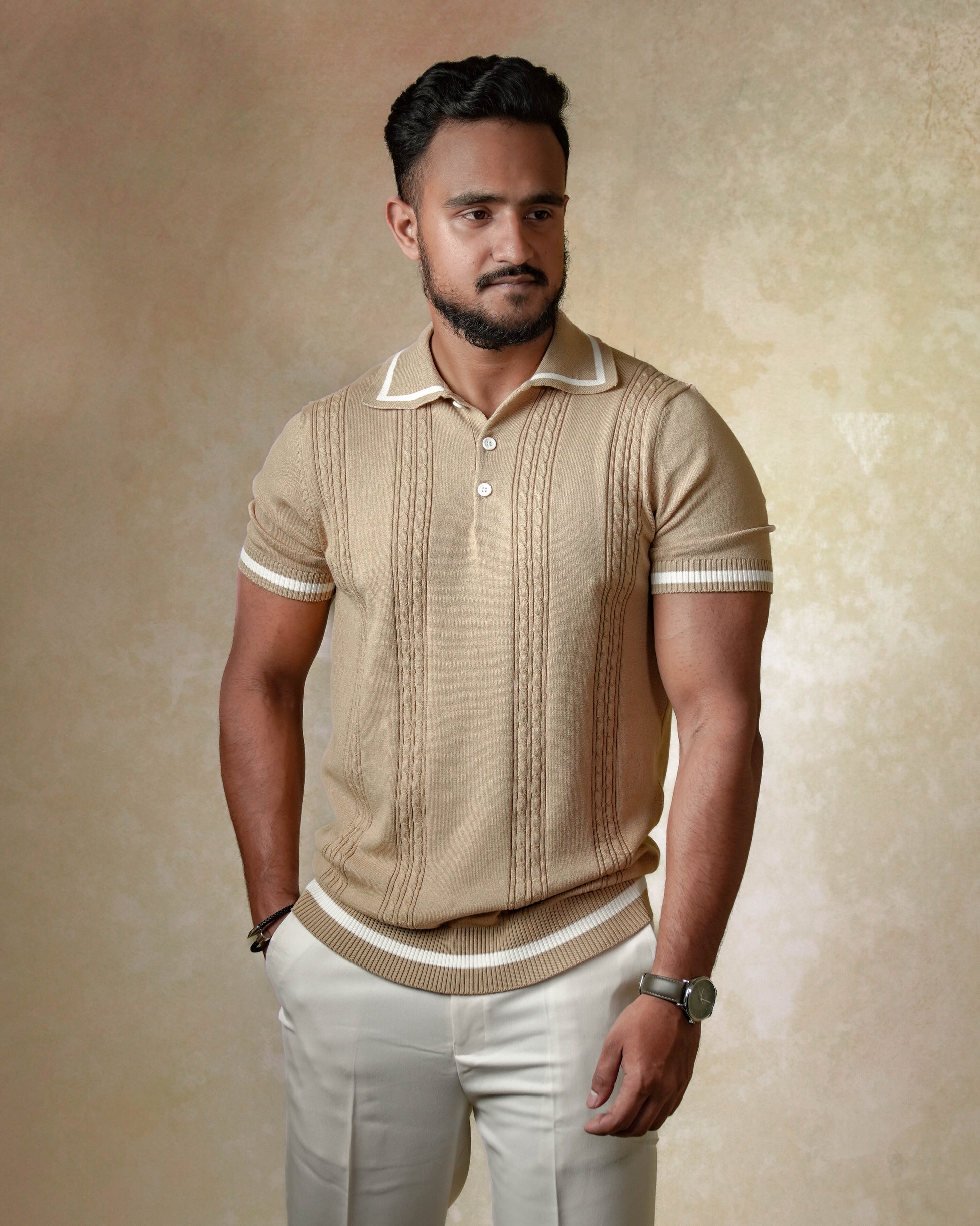 Cable knit polo - Beige