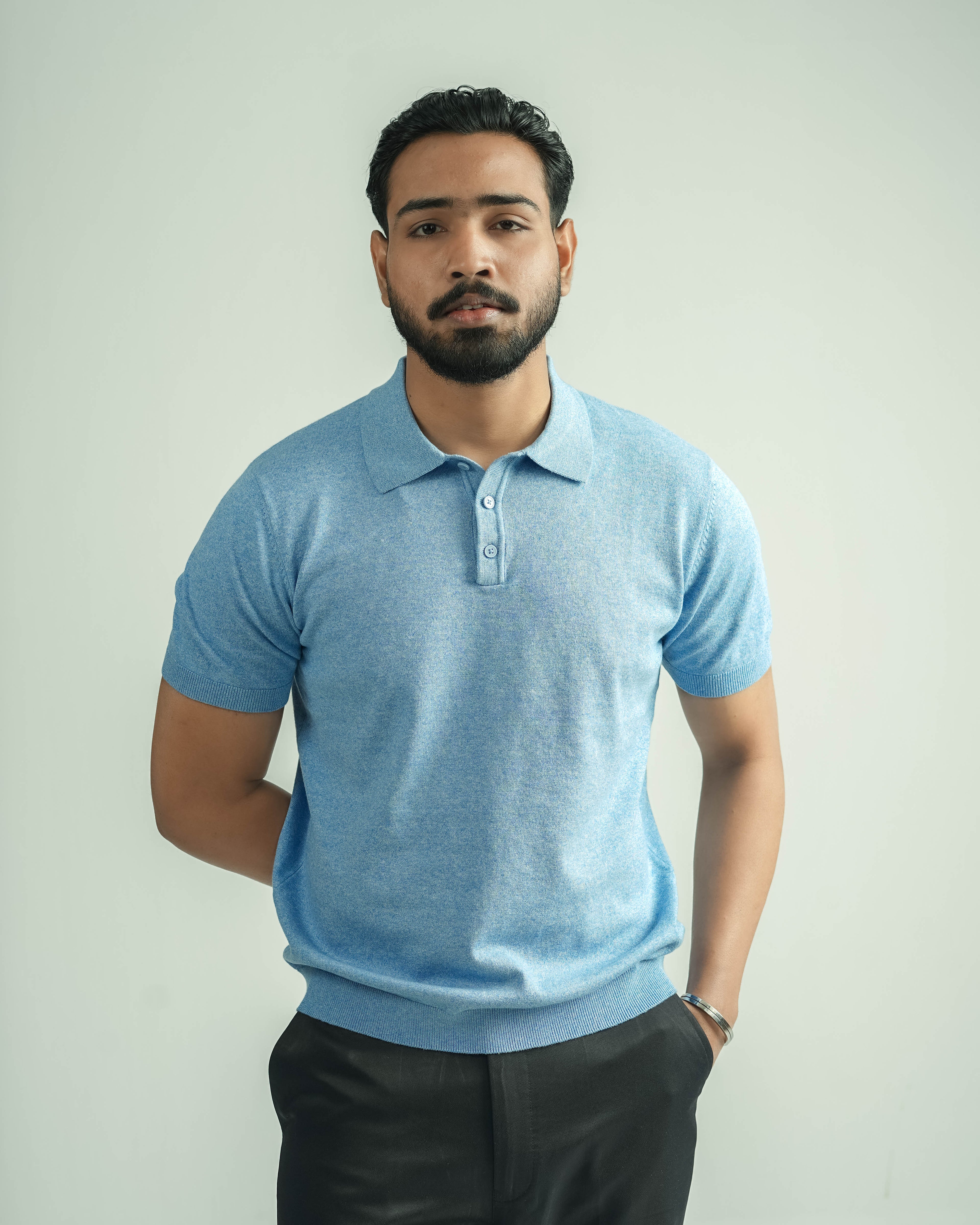 Buttoned Knit Polo - Half sleeve - Sky Blue