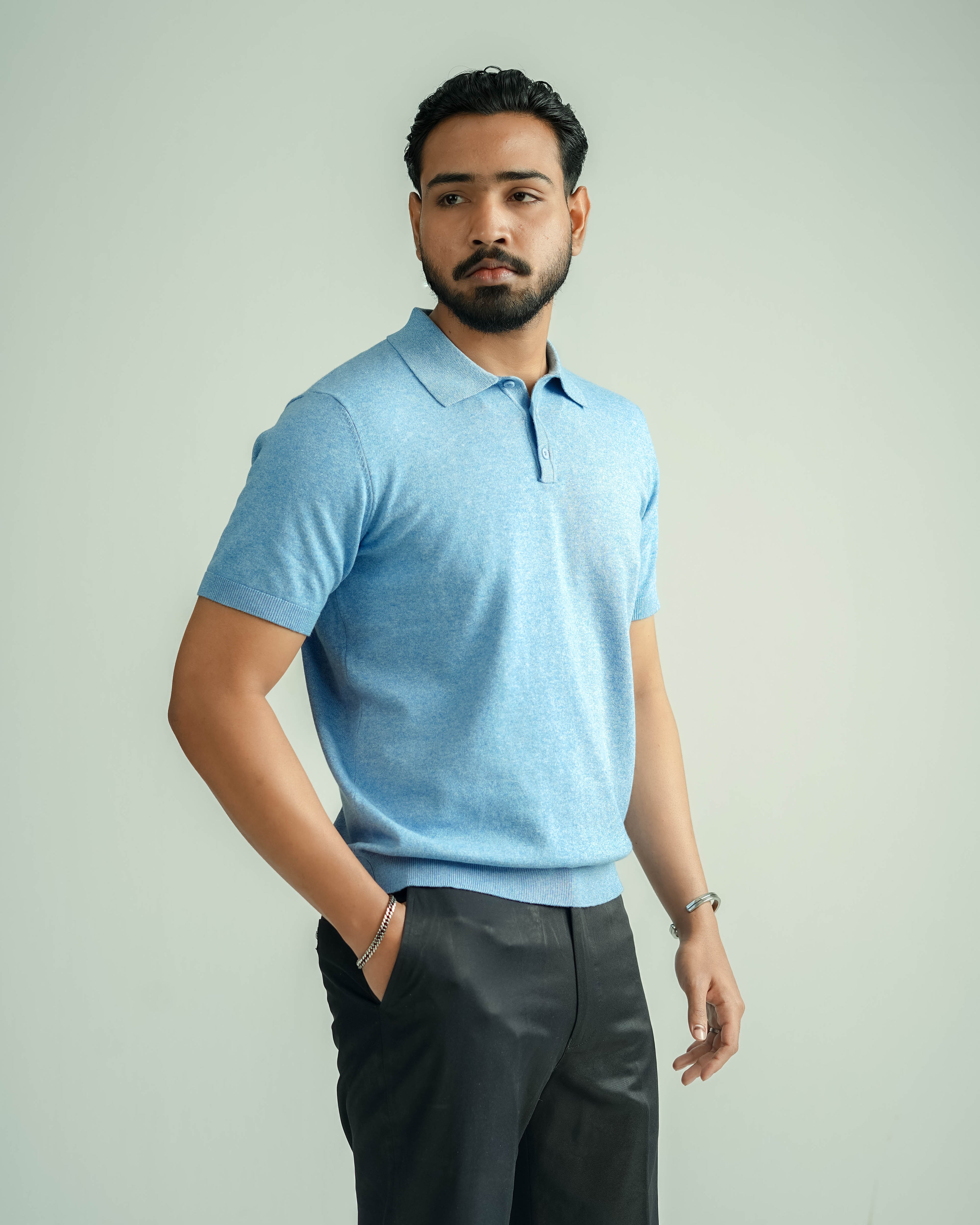 Buttoned Knit Polo - Half sleeve - Sky Blue