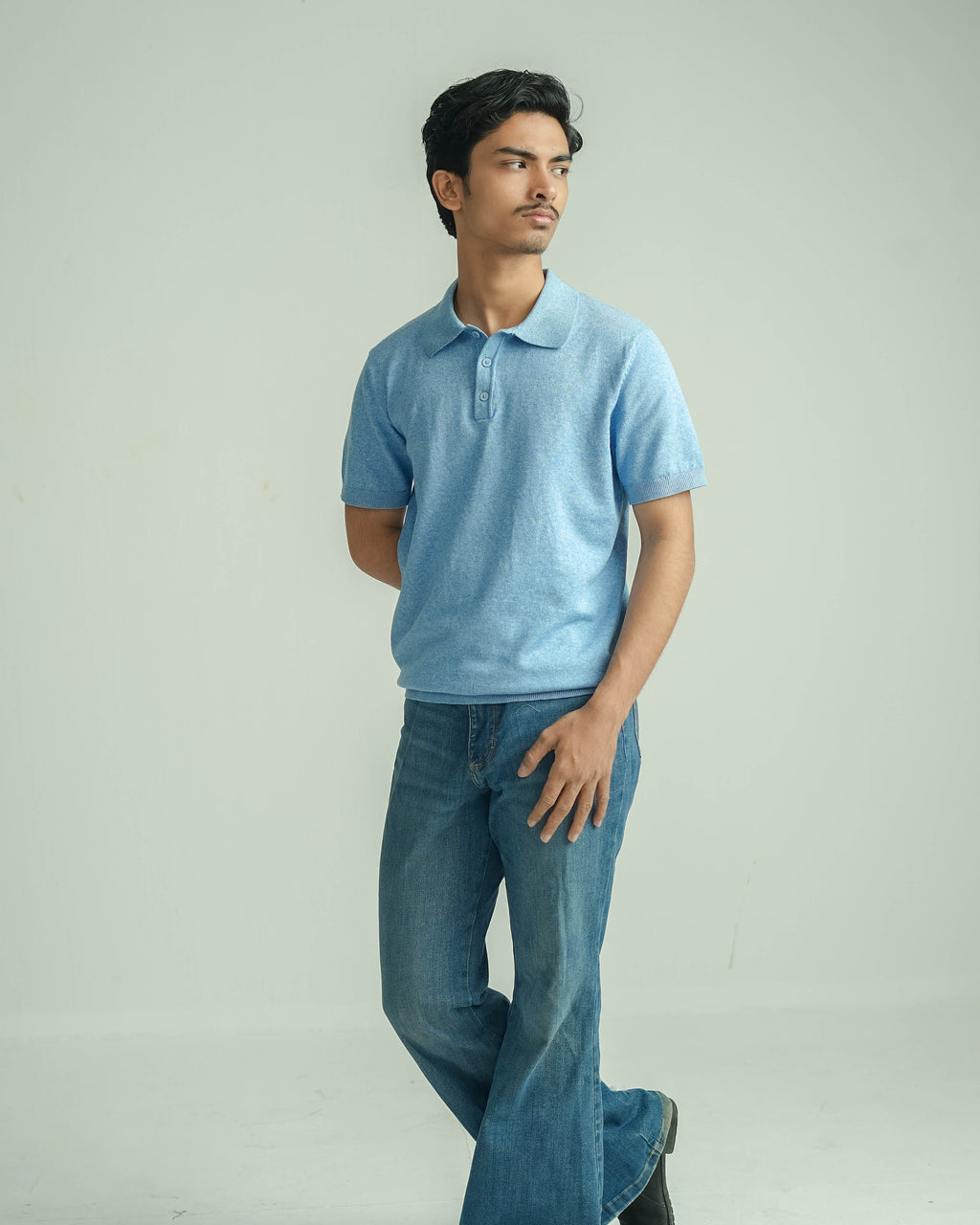 Buttoned Knit Polo - Half sleeve - Sky Blue