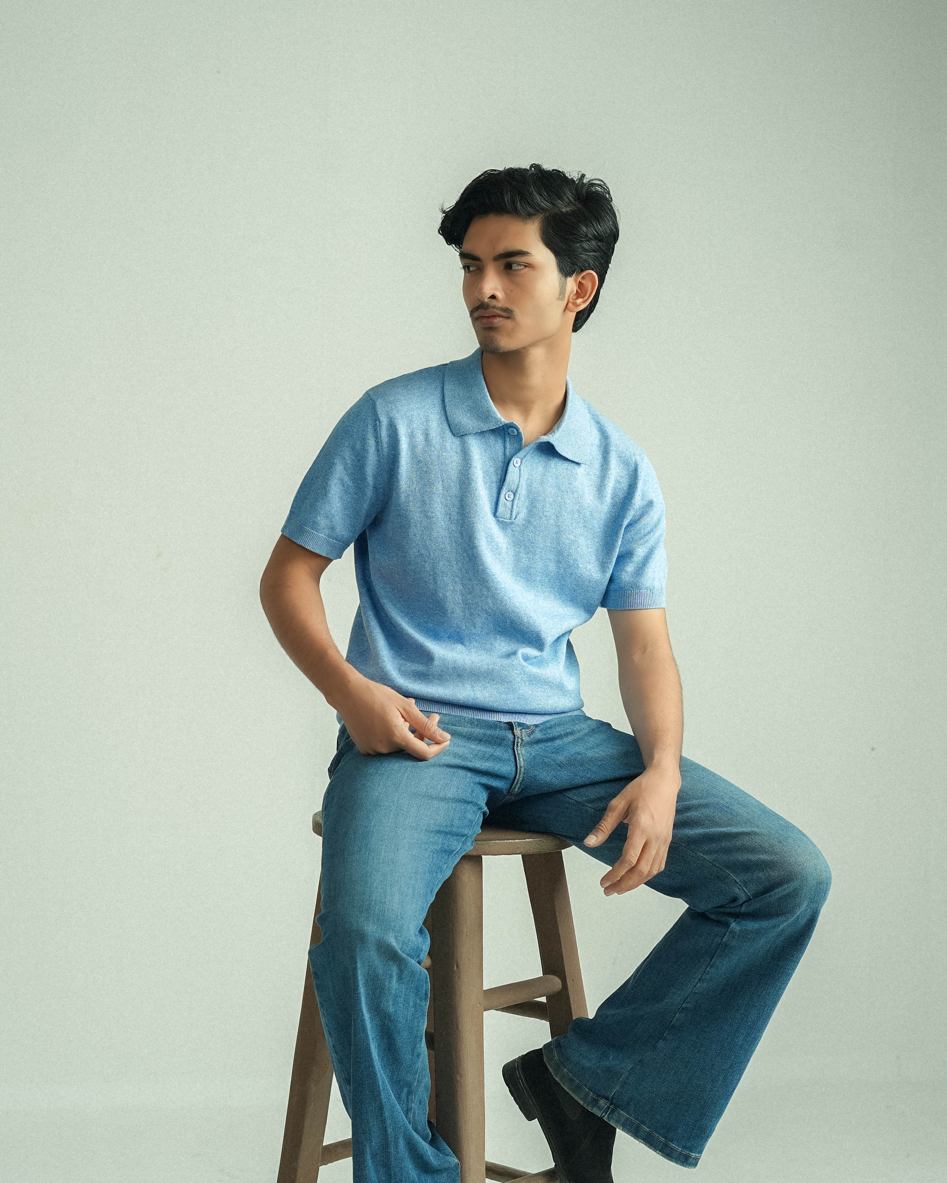 Buttoned Knit Polo - Half sleeve - Sky Blue