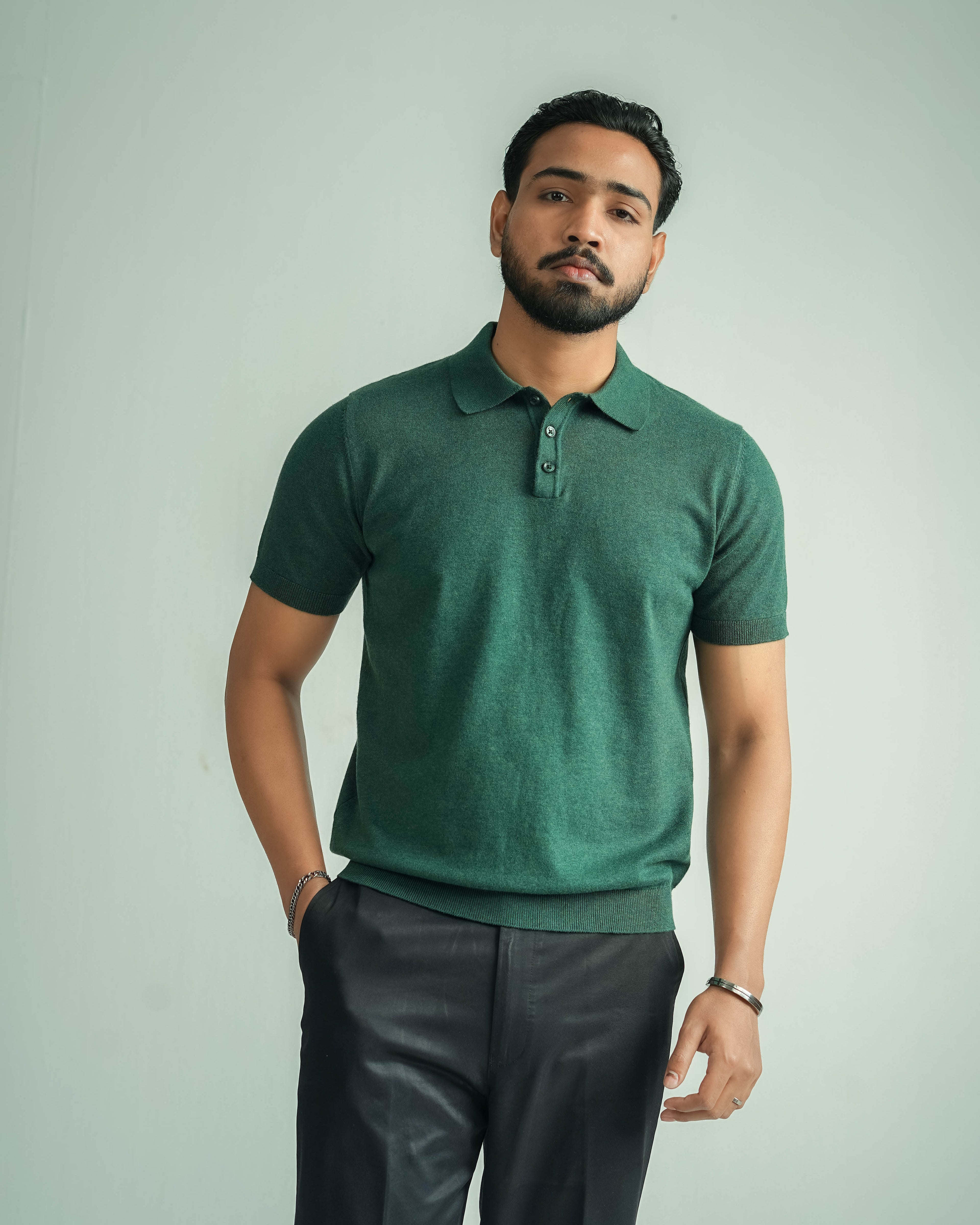 Buttoned Knit Polo - Half sleeve - Forest Green