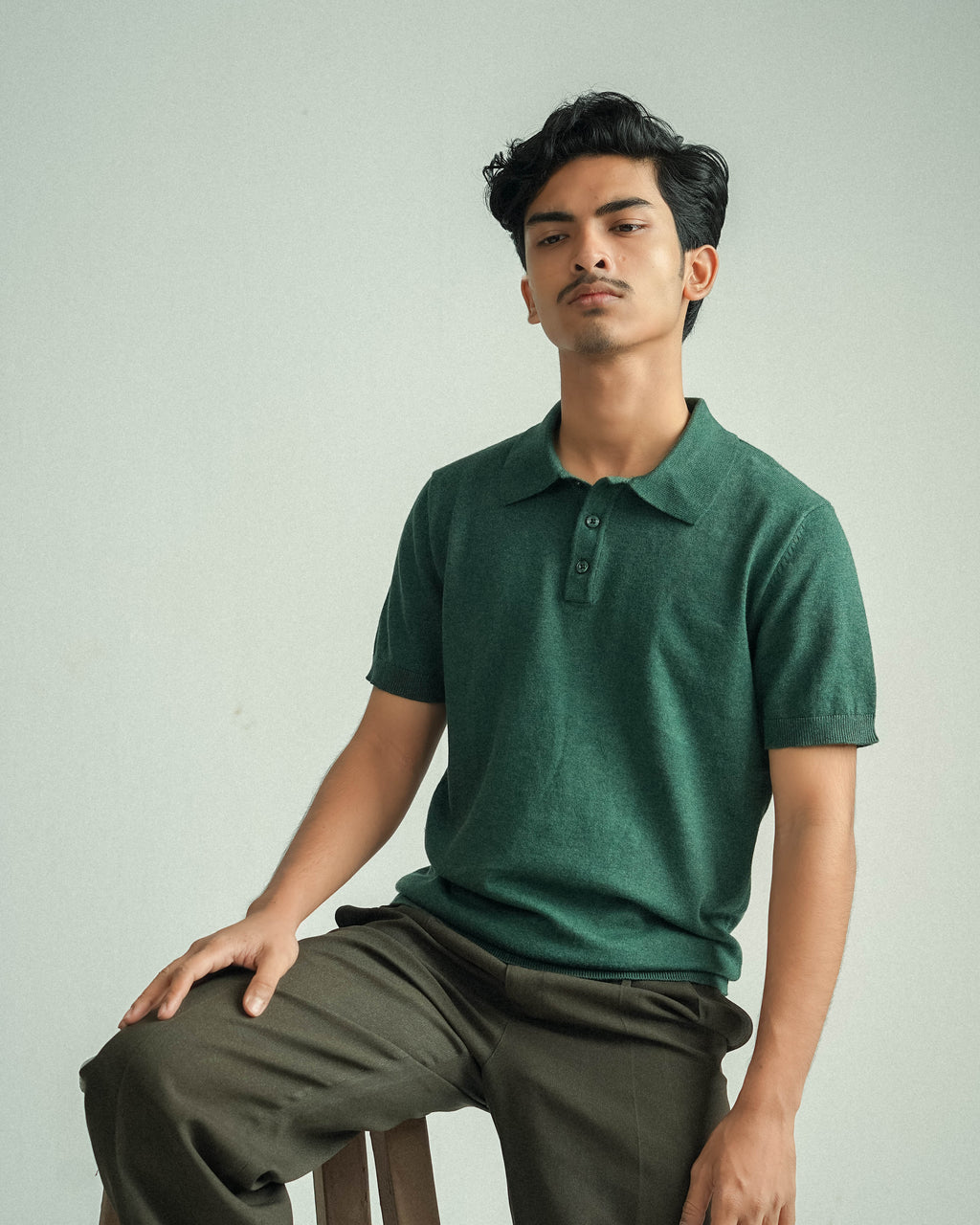 Buttoned Knit Polo - Half sleeve - Forest Green