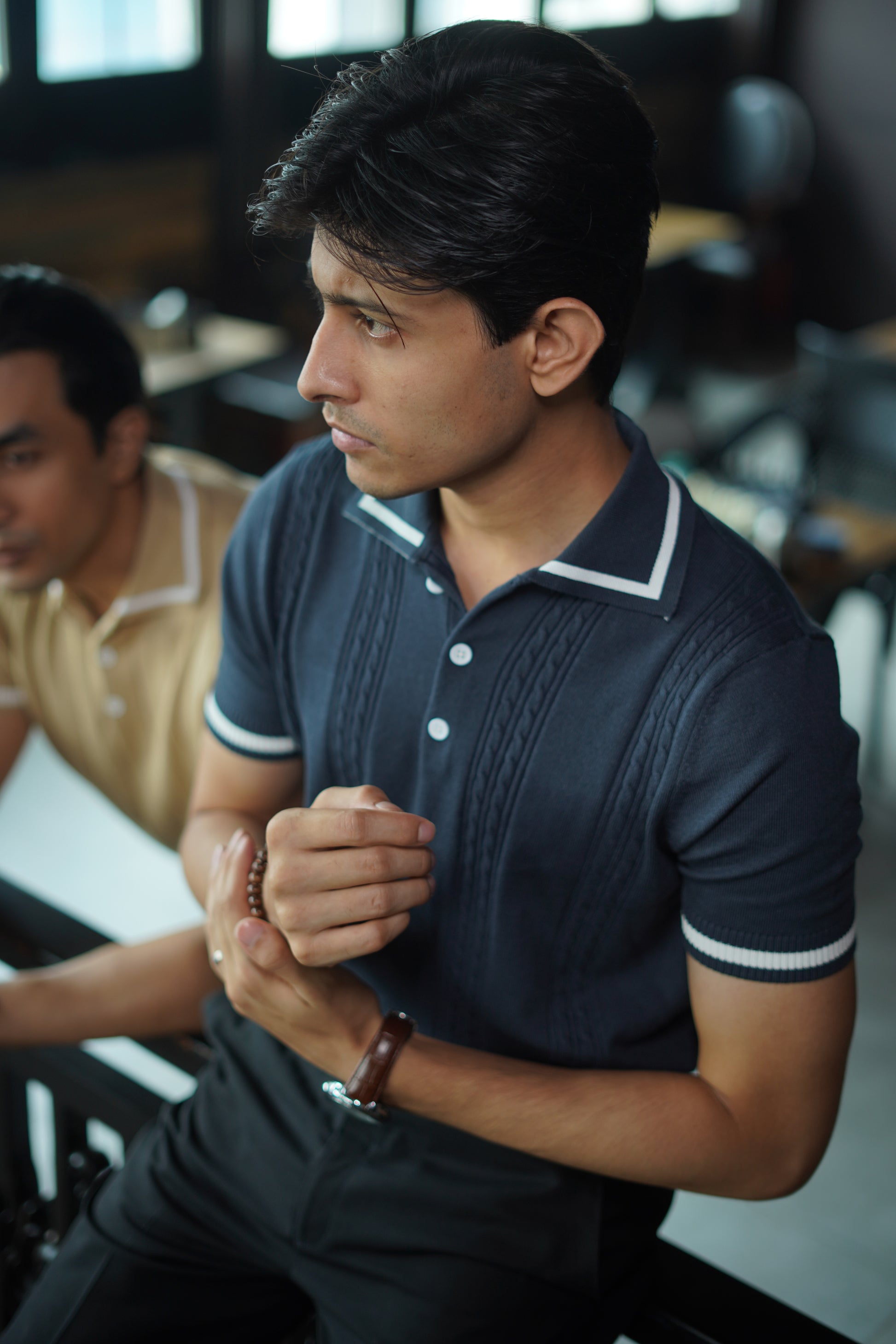 Cable knit polo - Matt Indigo