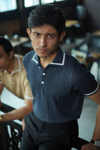 Cable knit polo - Matt Indigo