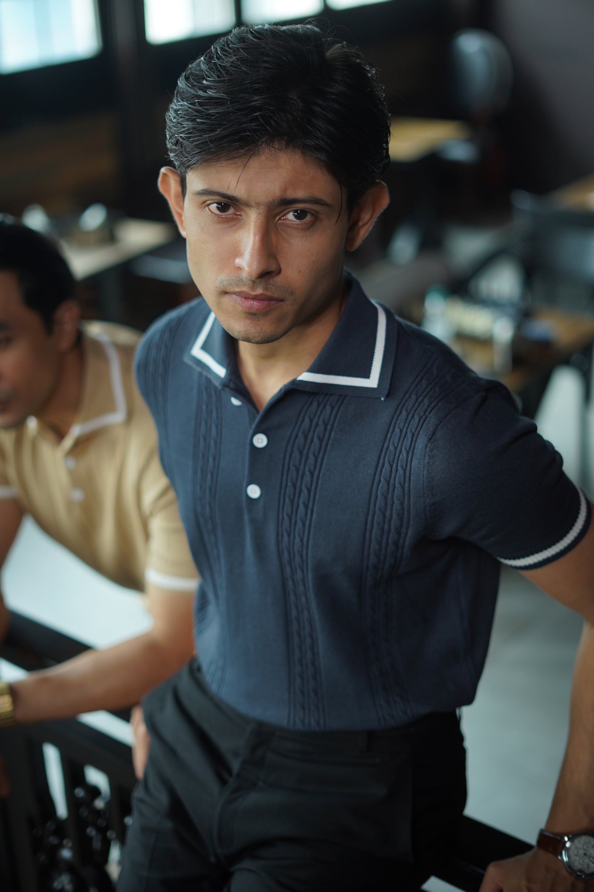 Cable knit polo - Matt Indigo