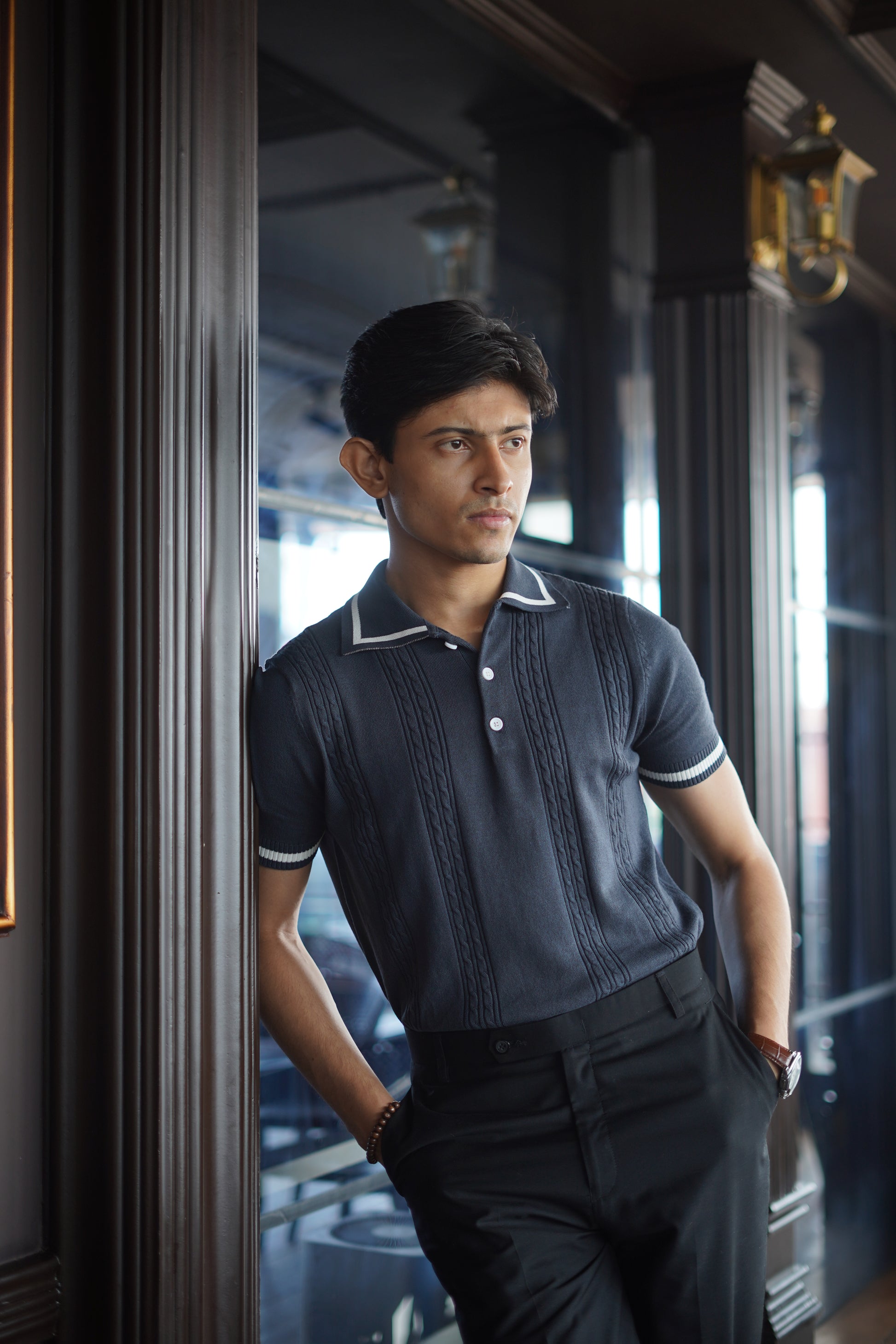 Cable knit polo - Matt Indigo