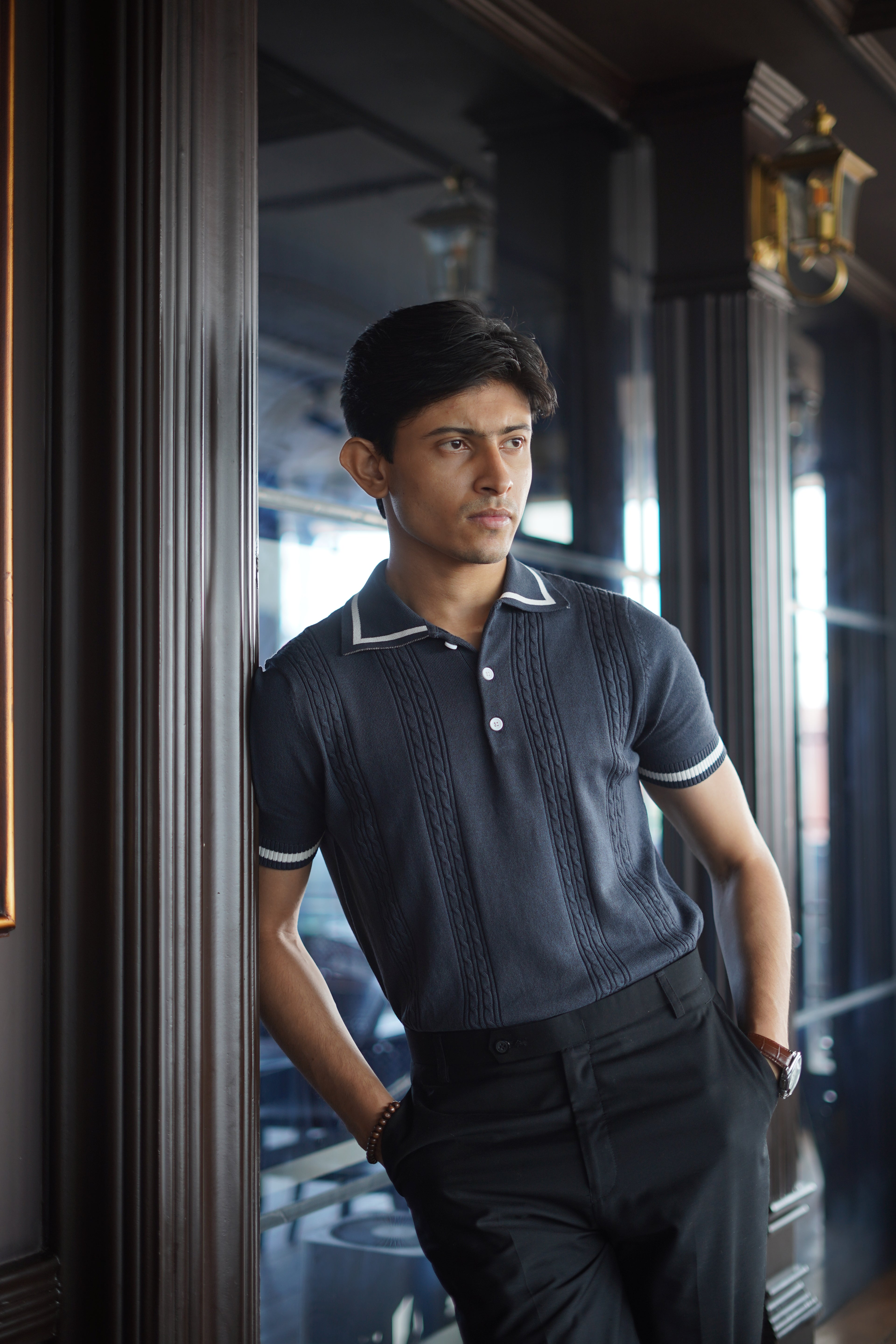 Cable knit polo - Matt Indigo