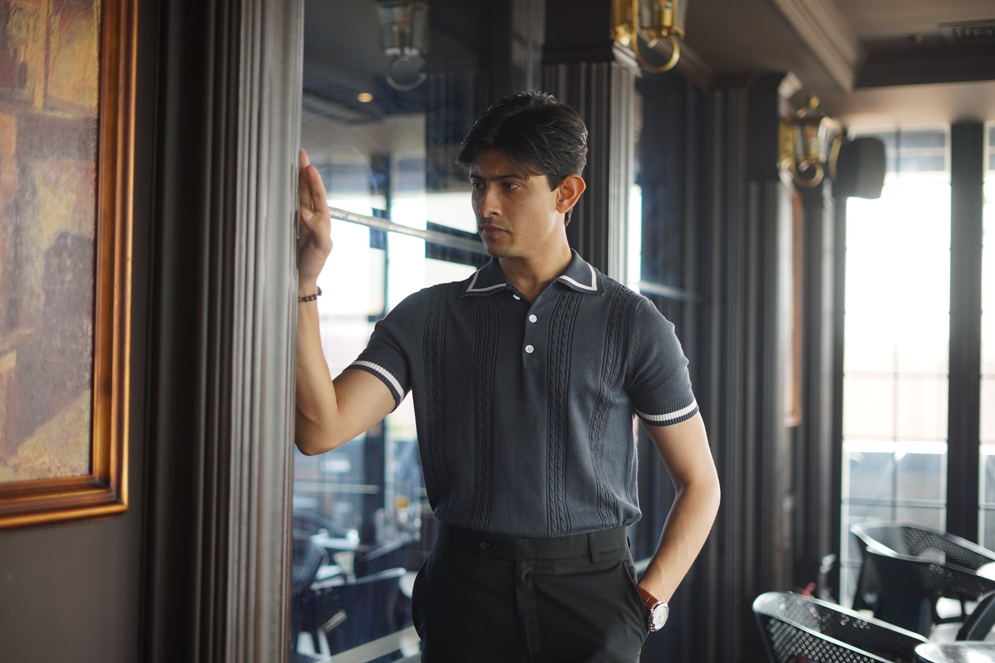 Cable knit polo - Matt Indigo