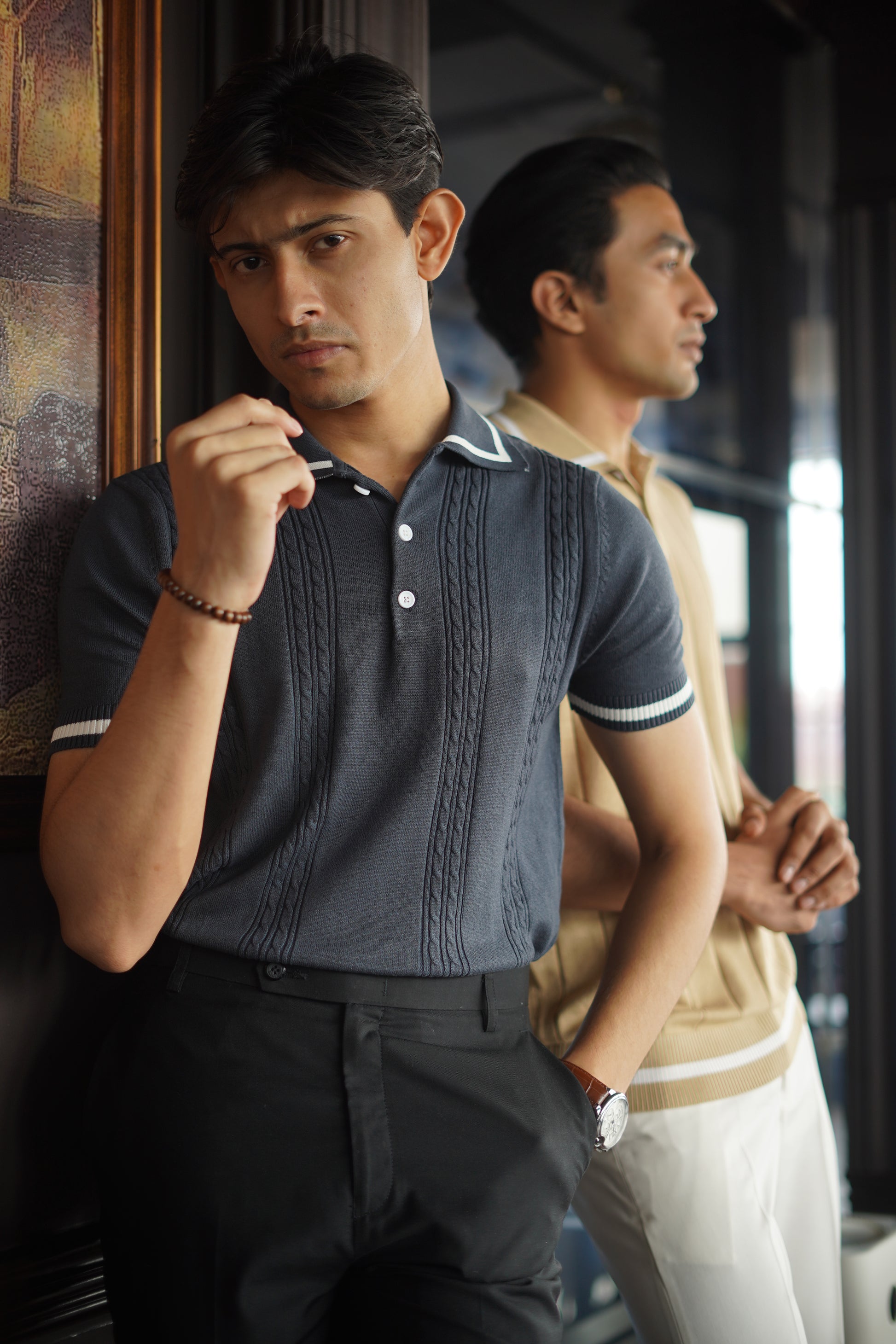 Cable knit polo - Matt Indigo