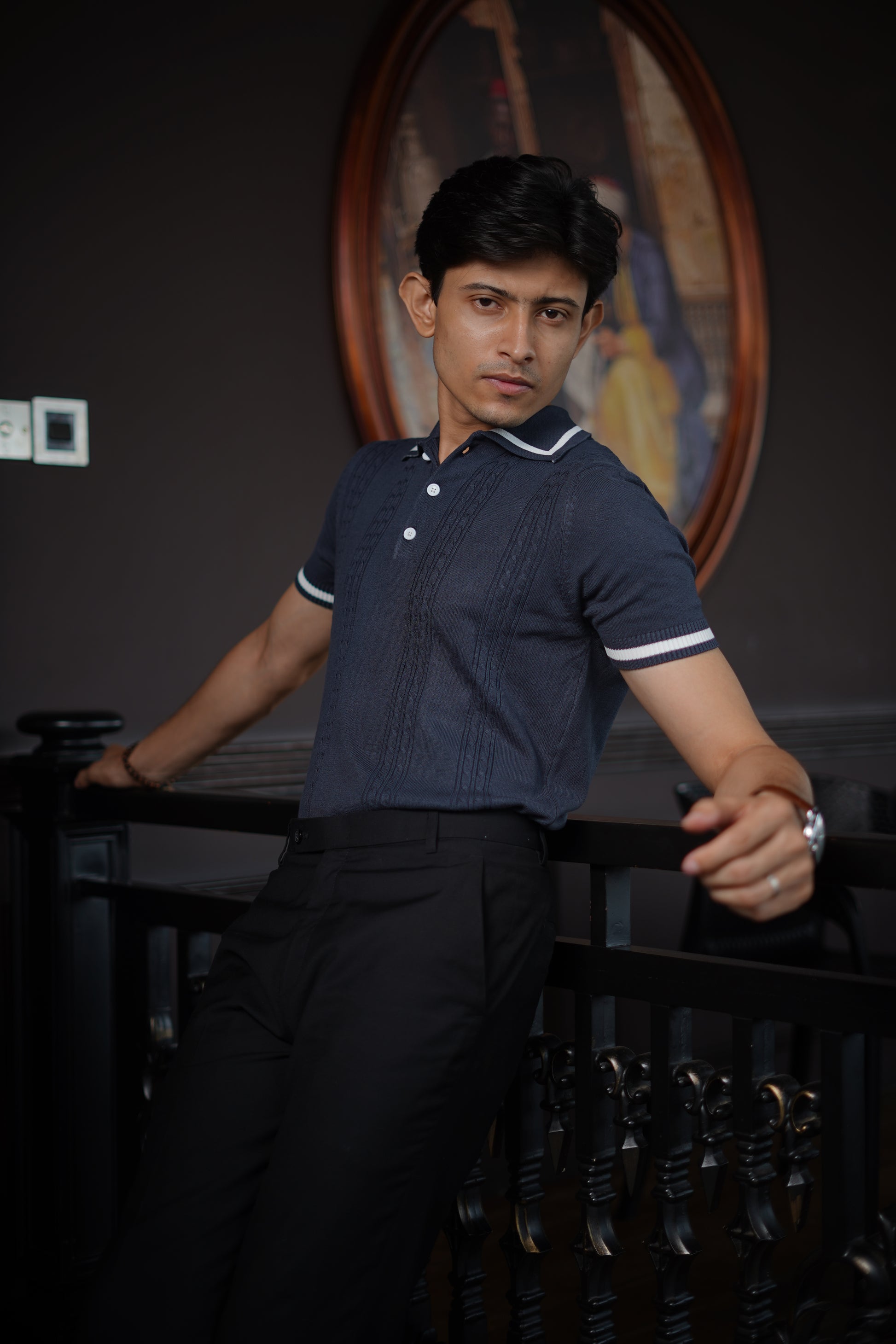 Cable knit polo - Matt Indigo